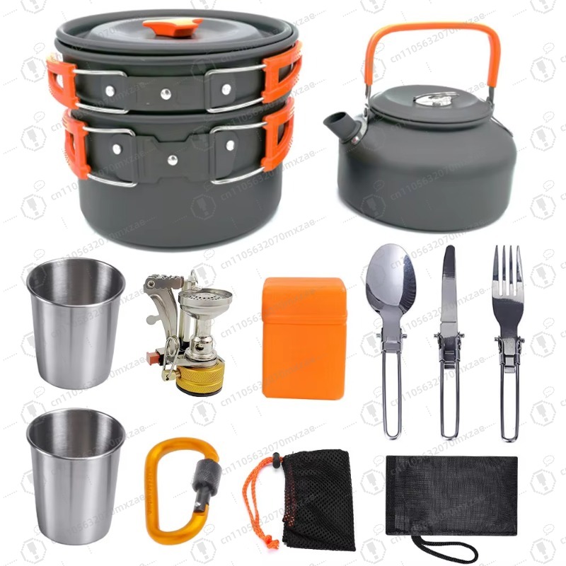 Camping Cooking Sets - Outdoor aluminum cookware 10-piece set: folding