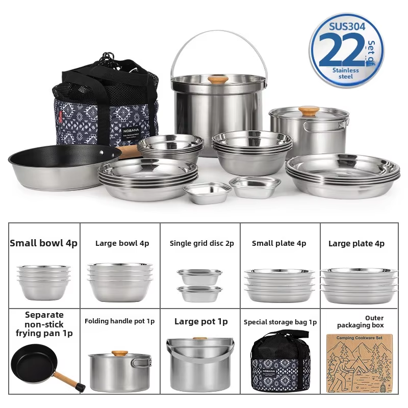 Camping Cooking Set With Bag - NOBANA Newest Outdoor Stainless Steel Pot